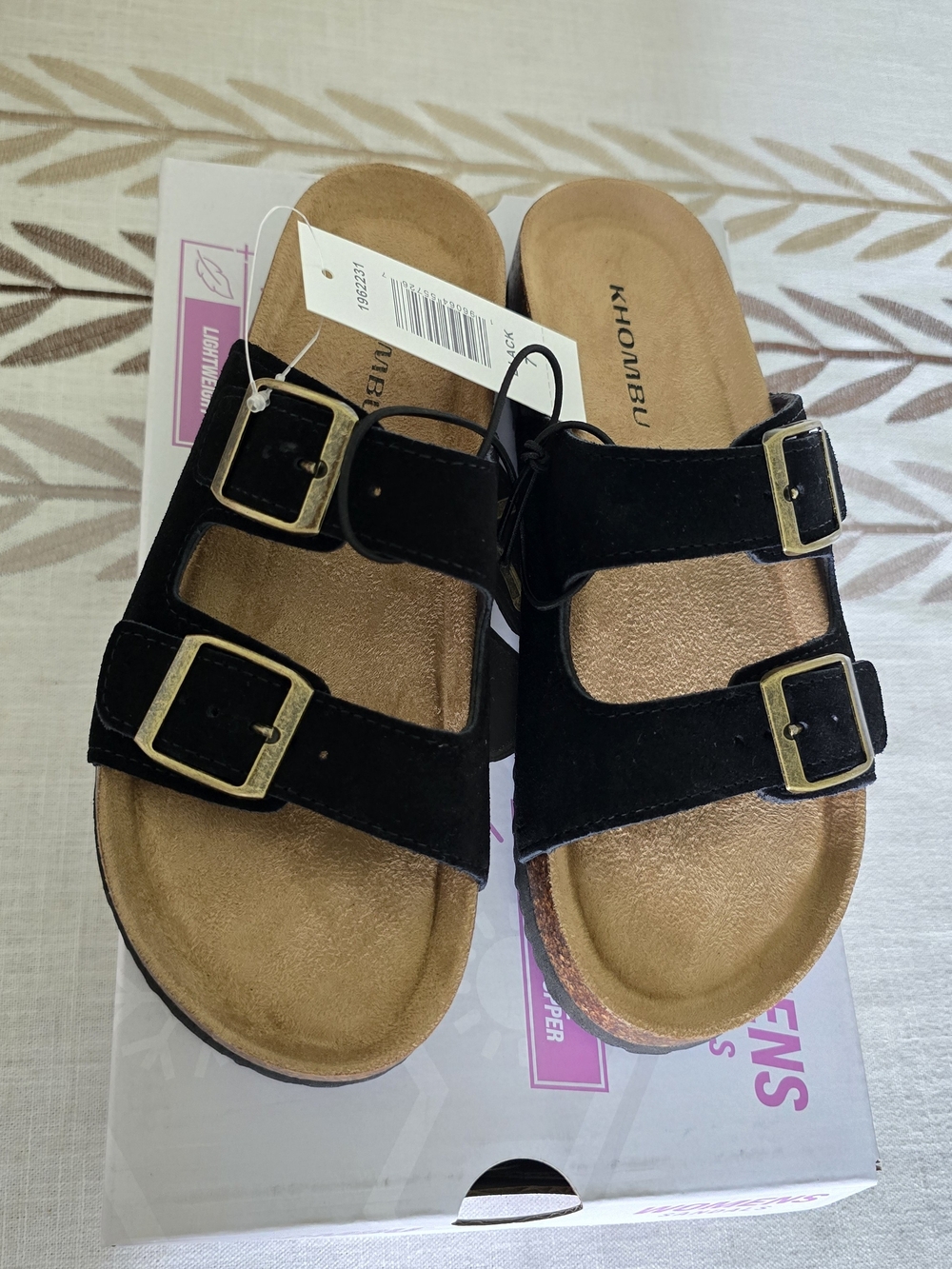 Khombu Black Double-Strap Slide Sandals with Tan Footbed Size 7 Brand New